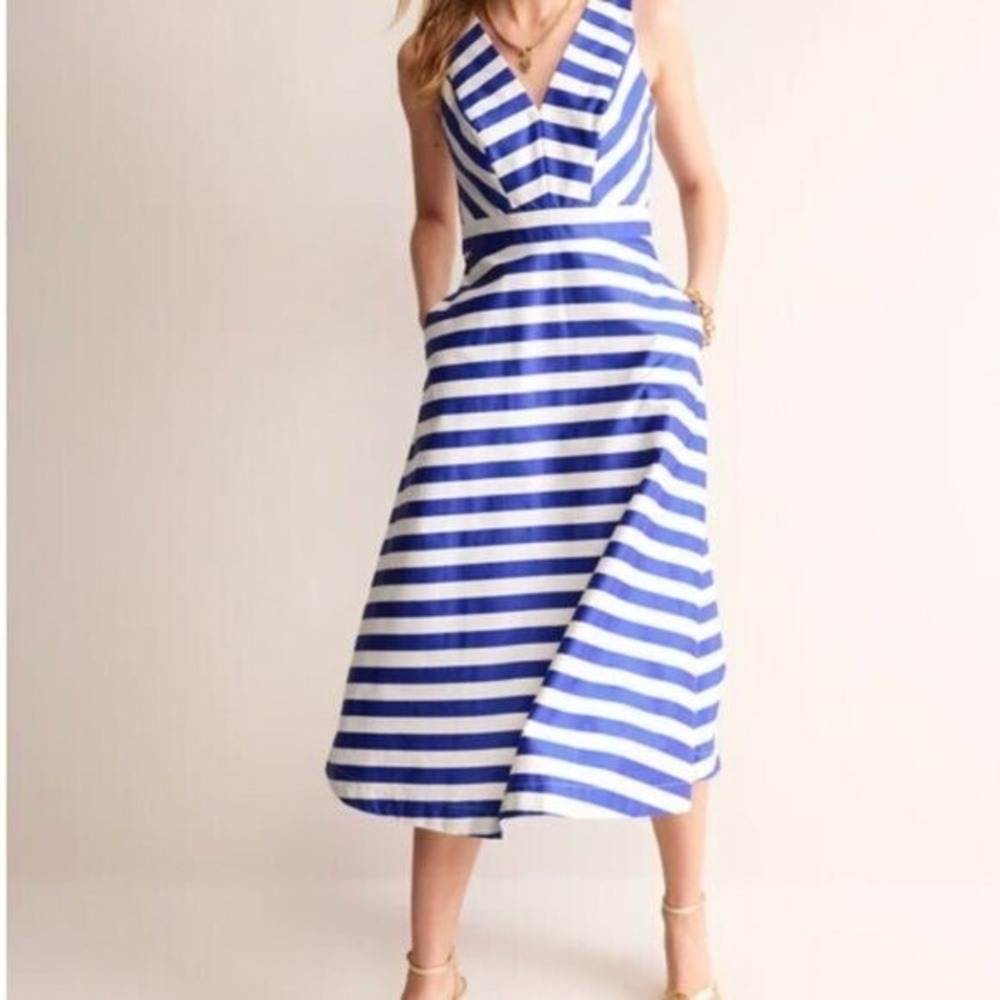 Boden Blue White Striped V-Neck Fit and Flare Midi Dress with Pockets Size 16R - Picture 12 of 14